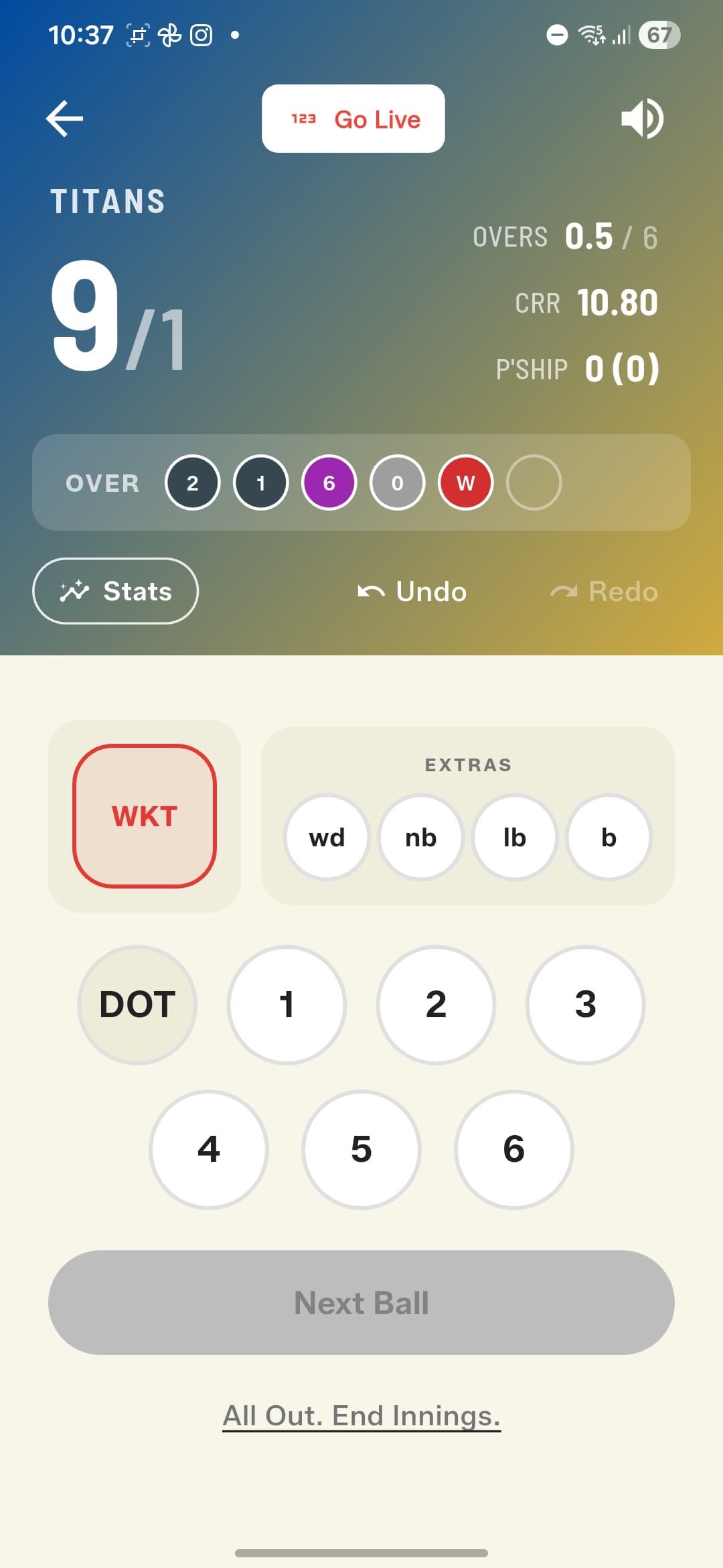Quick Match scoring screen in GullyCrix