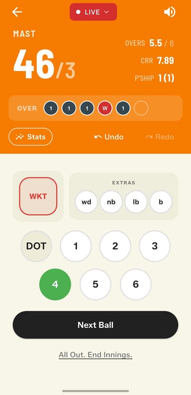 New scorecard with CRR, live partnership, and total overs for the team batting first